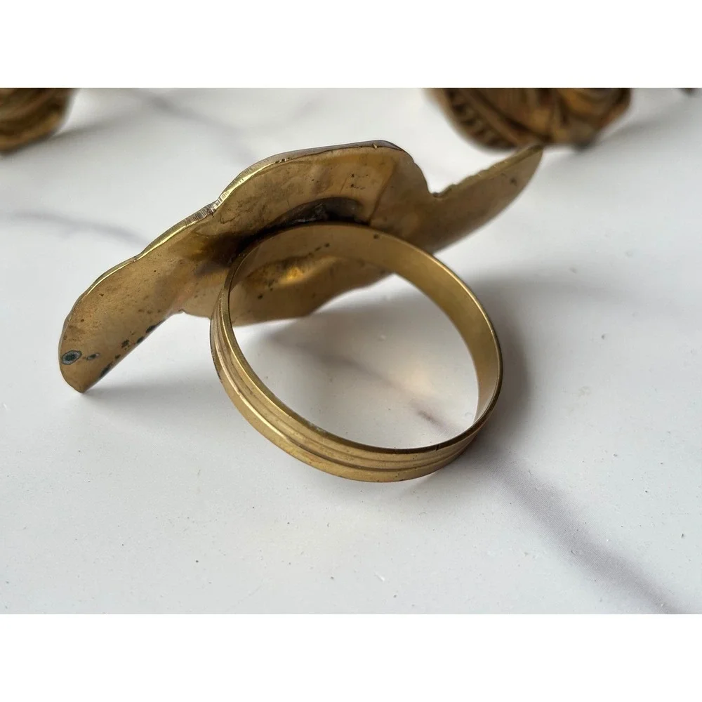 Vintage Brass Rose Napkin Rings Set of 8 Floral Leaf Gold Tone Table Decor